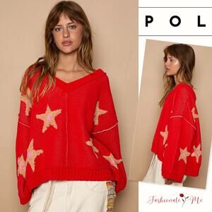 POL Relaxed Fit Long Sleeves Star Patch V-Neck Pullover Sweater | Apple Red